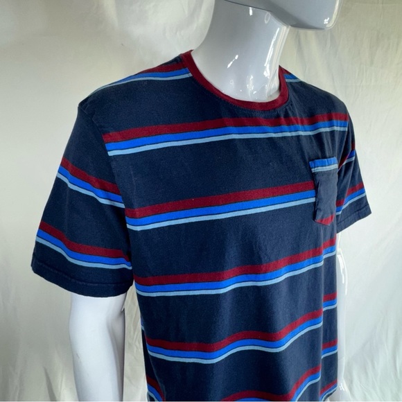 Distortion Men’s Blue Burgundy Striped Pocket Front Short Sleeve Tee - Picture 2 of 5